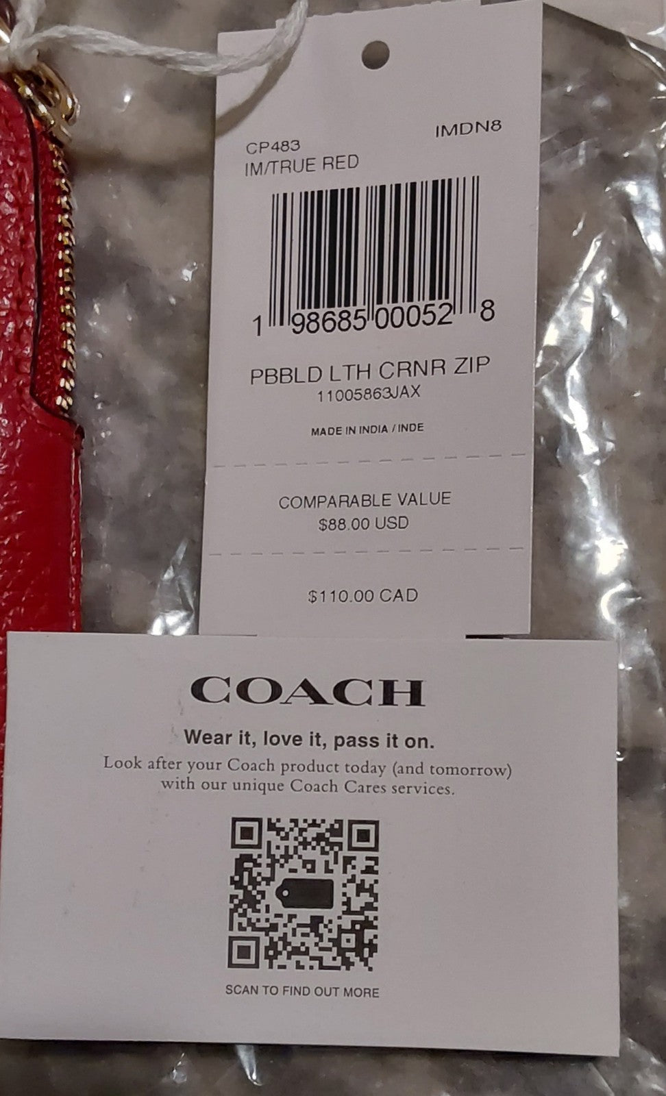 Coach Corner Zip Wristlet Signature True Red Pebbled Leather NWT 🔥🔥🔥