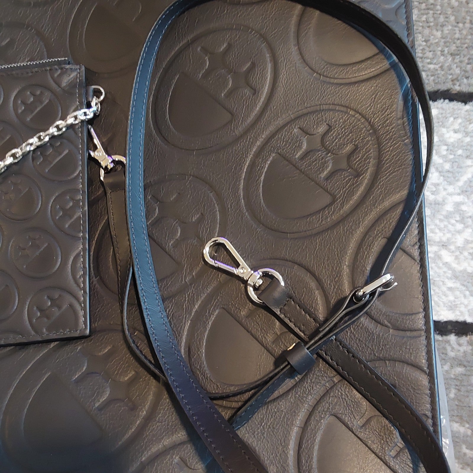 Bigface Xl Tote Bag & Zip Pouch Monogram Embossed Black NWOT 🔥🔥🔥