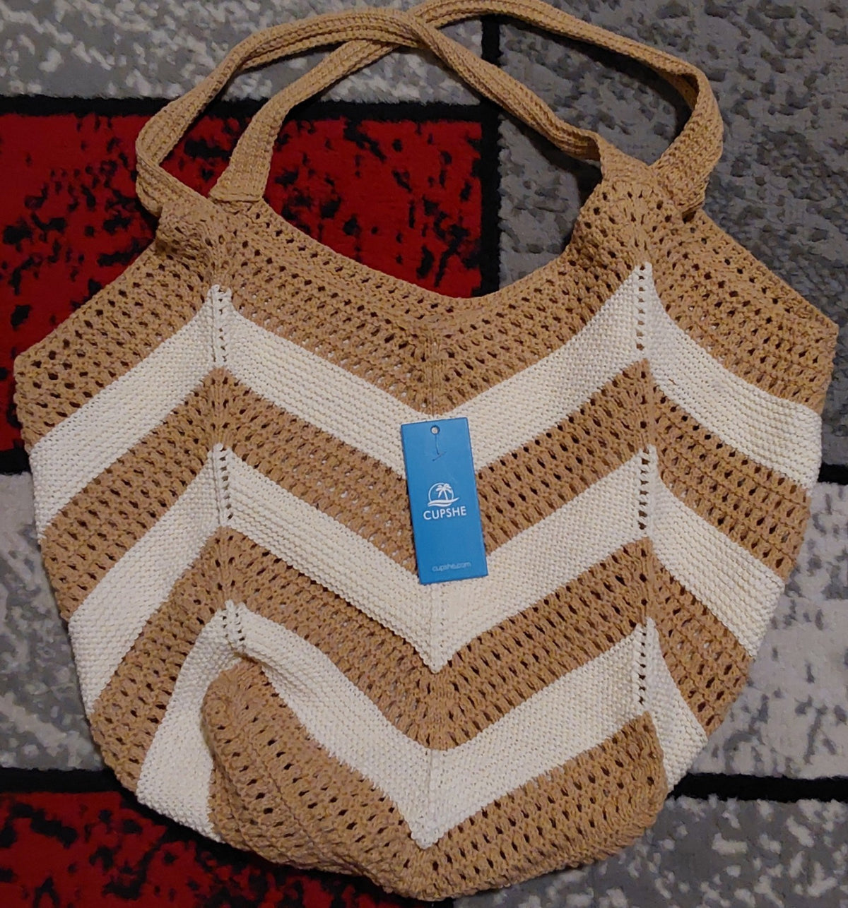 Cupshe Chevron Crochet Tote Bag Beige White Beach Casual Handbag NWT 🔥🔥🔥