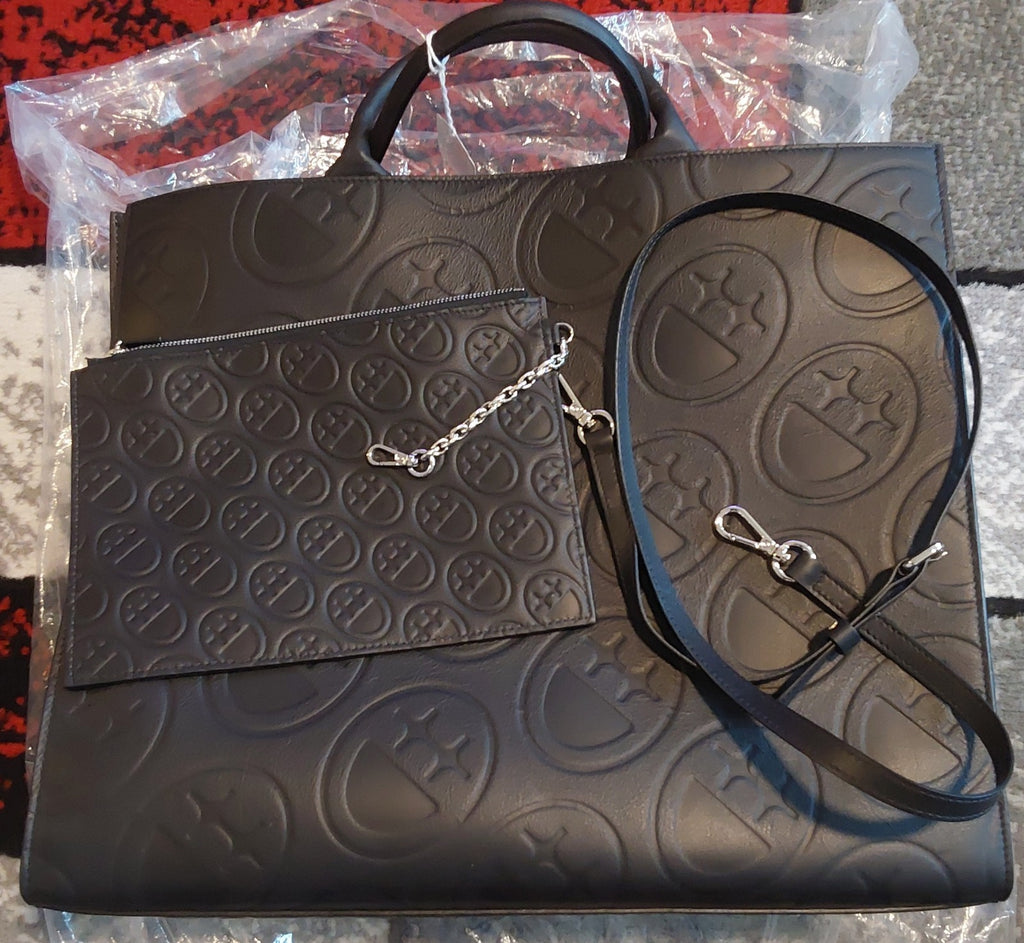 Bigface Xl Tote Bag & Zip Pouch Monogram Embossed Black NWOT 🔥🔥🔥