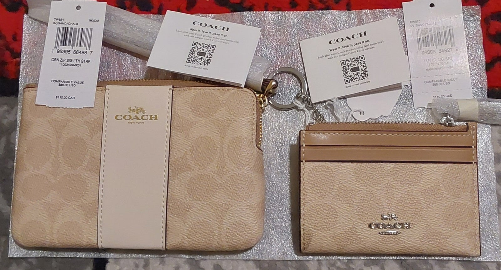 Coach Corner Zip Wristlet Signature & Skinny ID Wallet Sand NWT 🔥🔥🔥